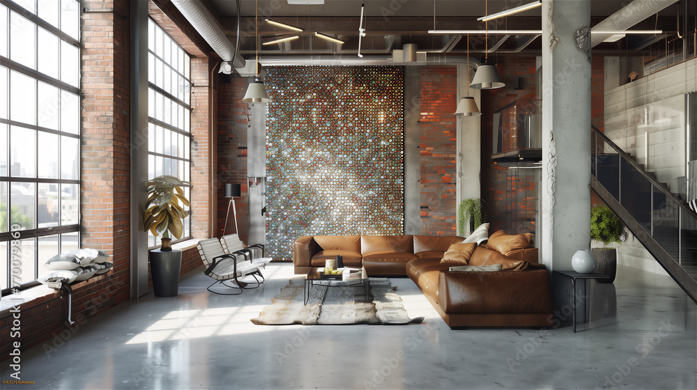The interior of a luxurious living room adapted from an old room in an industrial building.