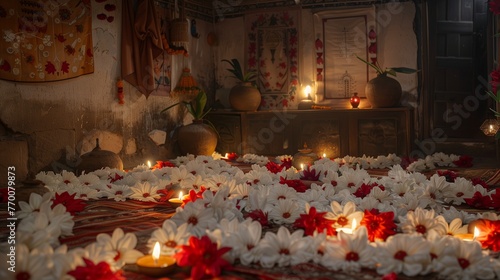 An atmospheric image of a Bengali Baithak  sitting room  decorated with white and red Shiuli flowers for the New Year.
