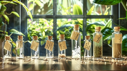 An artistic arrangement of various homeopathic remedies in glass vials, each labeled with delicate, handwritten tags, on a polished wooden surface.