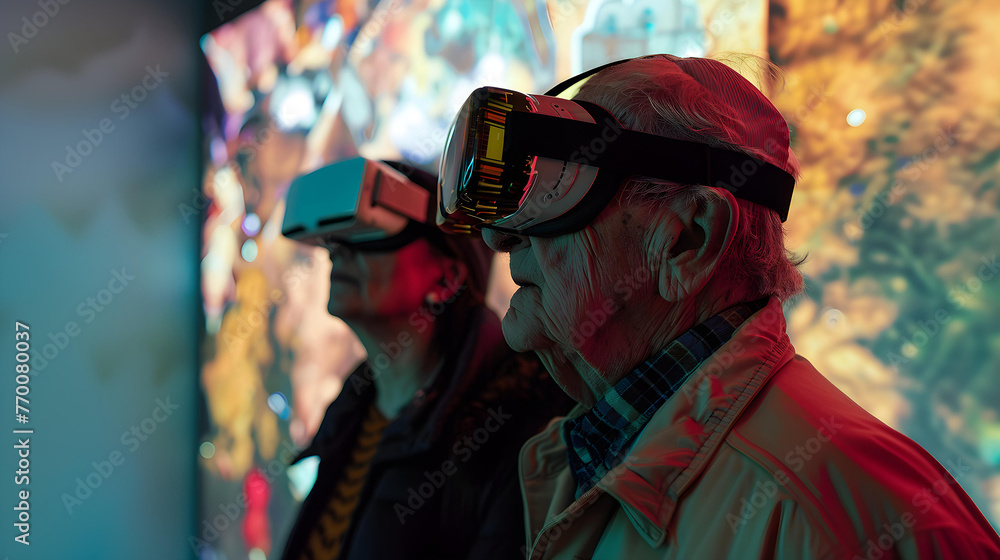 Elderly couple wearing augmented reality headset in a art gallery. Elderly couple wearing augmented reality headset in a art gallery.