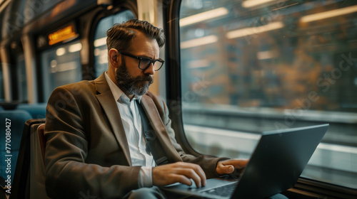 businessman working on laptop on a train