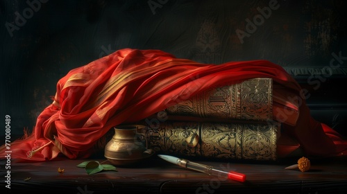 An elegant still life of a Haal Khata, an ornate ledger book wrapped in red cloth, with a traditional inkpot and quill beside it photo