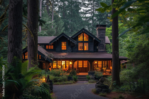 Craftsman house in the early morning, surrounded by tall trees and chirping birds