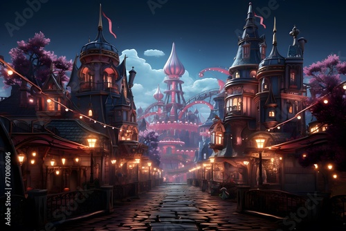 Fantasy landscape of the old town at night. 3d rendering photo