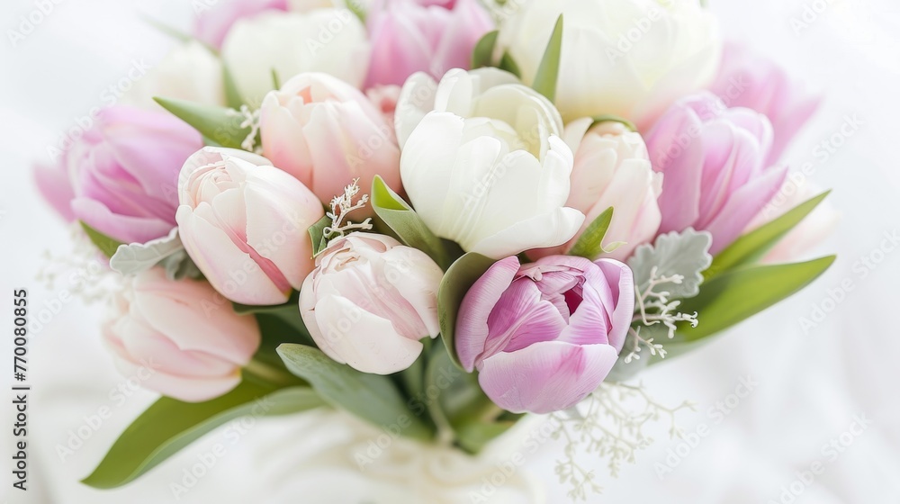 Obraz premium A vase of pink and white tulips with baby's breath on a white cloth