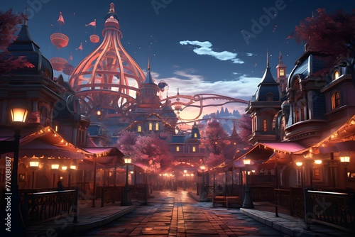 Amusement park in the evening. Panoramic illustration.