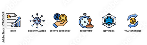 Blockchain banner web icon illustration concept with icon of data, decentralized, crypto currency, timestamp, network and transactions