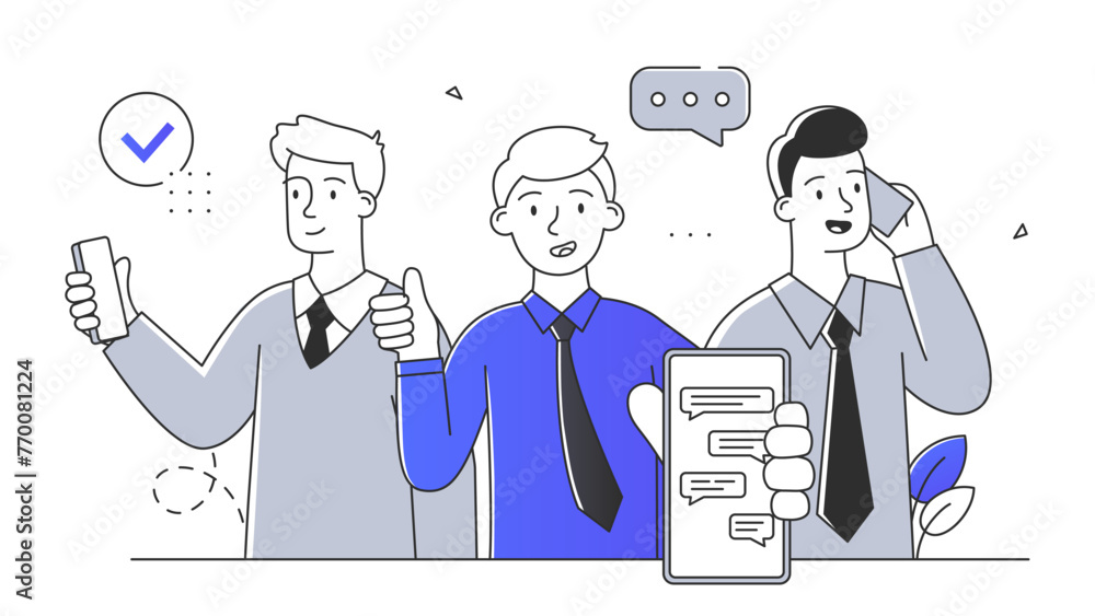 Businessmen with phones simple. Men with smartphones and documents communicate. Distant communication and interaction. Tasks and goals. Doodle flat vector illustration isolated on white background Businessmen with phones simple. Men with smartphones and documents communicate. Distant communication and interaction. Tasks and goals. Doodle flat vector illustration isolated on white background