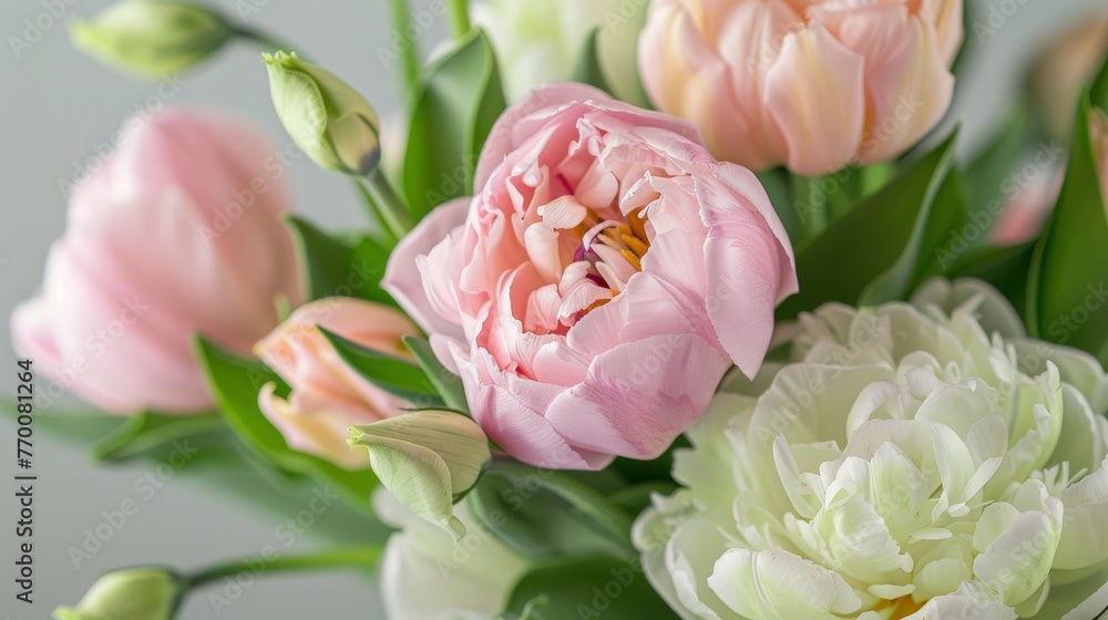  A vase with pink and white flowers is against a gray wall, surrounded by green foliage