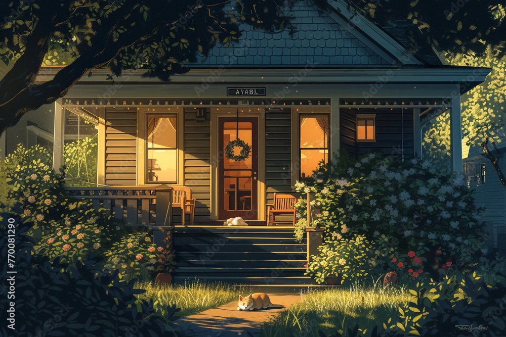 Craftsman house in the evening with a front porch swing and a sleeping cat
