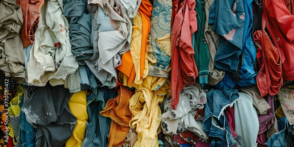 Impact of discarded fashion: Colorful clothing scraps at a municipal waste sorting facility. Concept Environmental impact, Waste management, Textile recycling, Sustainable fashion