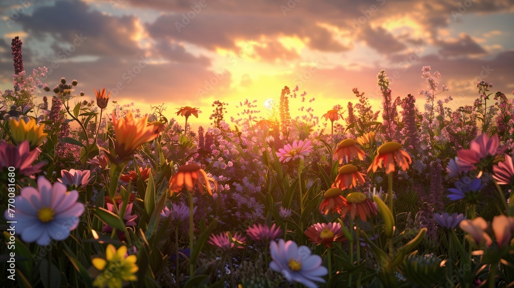 An enchanting scene of a field of wildflowers at sunset, with a variety of species blooming in harmony.