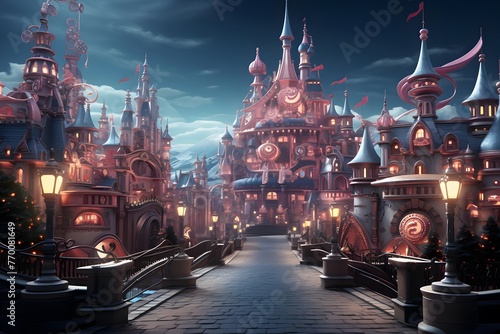 Fantasy city at night. Panoramic view. 3D rendering