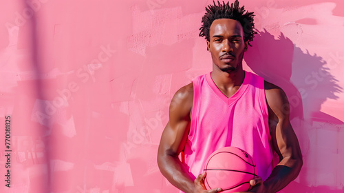 Stylish Black Man in Pink Tank Top with Basketball on Court