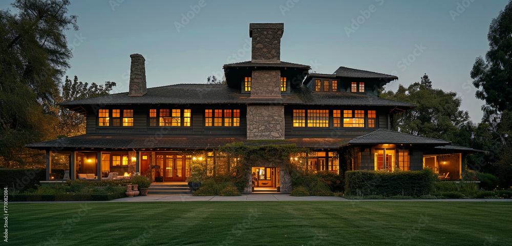 Craftsman house under a clear night sky with a focus on its chimney and roof details Craftsman house under a clear night sky with a focus on its chimney and roof details