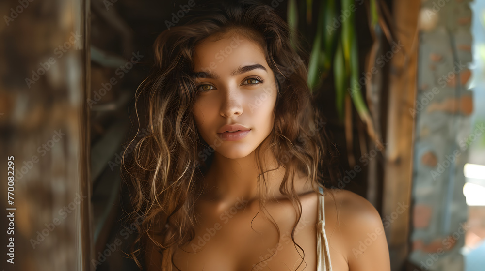 Portrait of a beautiful woman with curly hair at sunny day