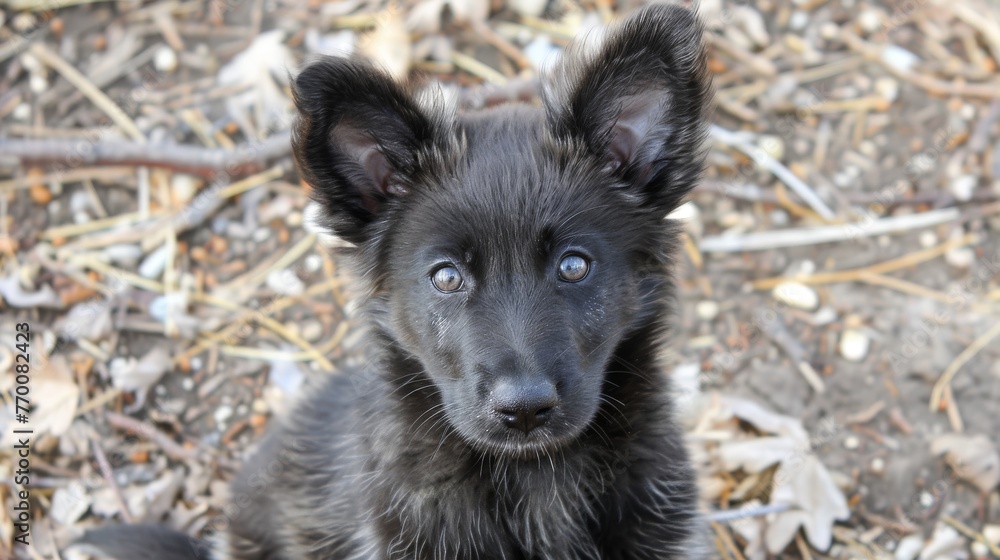  A sharp image of a tiny ebony pooch amidst dusty greenery, with an out-of-focus backdrop