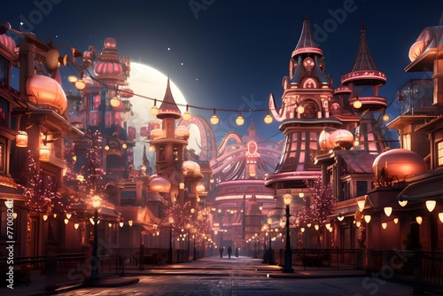 Amusement park at night with a full moon. 3d rendering