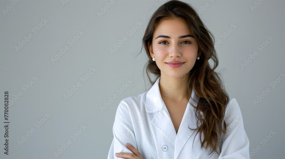 Portrait of a woman wearing white shirt on solid grey background Portrait of a woman wearing white shirt on solid grey background