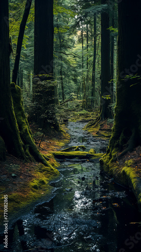 Beautiful landscape with a small stream in the middle of the forest. Illustration. Poster art.