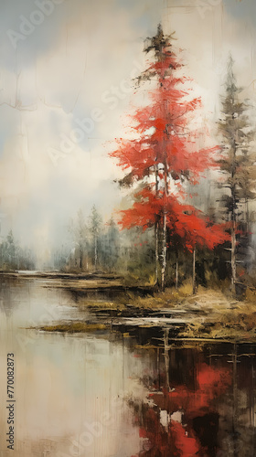 Landscape with autumn trees and river. Illustration. Poster art. © milicenta