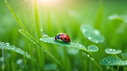 Morning Fresh Nature Background with Ladybug on Leaf - Wildlife, Biodiversity, Eco-Friendly Harmony, and Serene Natural Beauty