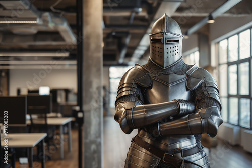 A medieval knight in shining armor stands guard, an anachronism within the contemporary office setting behind