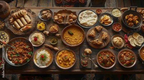 An intricate portrayal of a New Year feast, with traditional Nepali dishes such as dal bhat, momo, and sel roti, arranged on a beautifully carved wooden table.