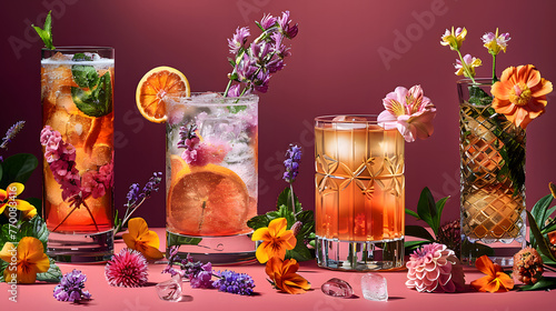 Cocktails on surface with fresh flowers and fruit generative ai