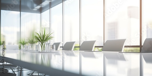 Laptop on table in modern meeting room with city view. 3D Rendering