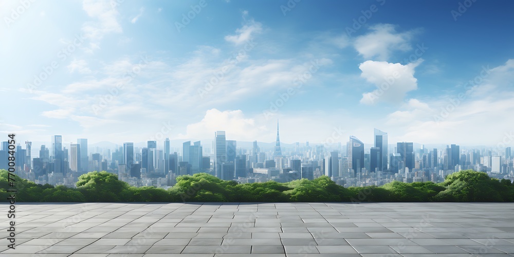Laptop on table in modern meeting room with city view. 3D Rendering