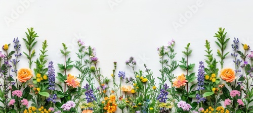 Assorted vibrant flowers on white background with ample space provided for text placement