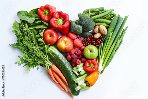 heart shape by various vegetables and fruitsisolated on solid white background.