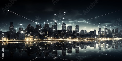 Modern cityscape and network connection concept. 3D rendering double exposure