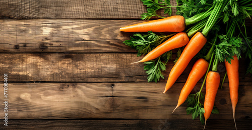 Bunch of fresh carrots with greens on a wooden background. Healthy food and organic farming concept. , Banner with copy space for local farm produce promotion.