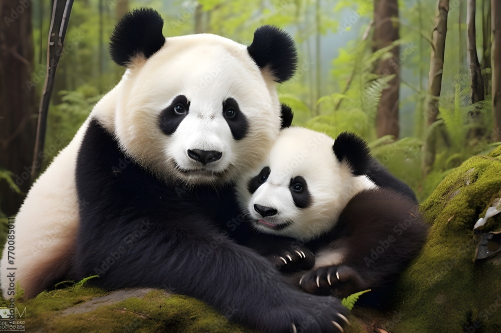 Fototapeta premium Panda Mother and Cub Close-up with White Background
