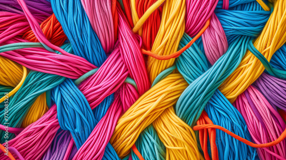 Colorful yarn for knitting is shown in a close up shot