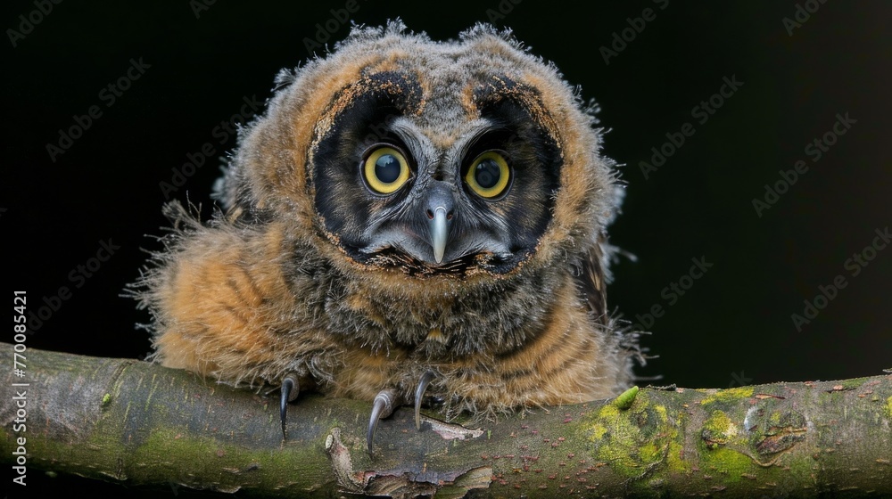 An owl in sharp focus atop a tree branch against a dark background, with the backdrop blurred An owl in sharp focus atop a tree branch against a dark background, with the backdrop blurred