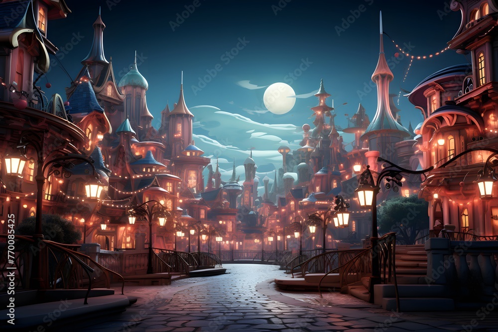 Illustration of a street in the old city at night with a full moon