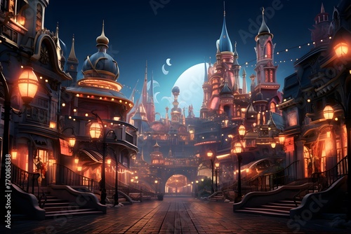 Fantasy night scene with old city and moon. 3D rendering