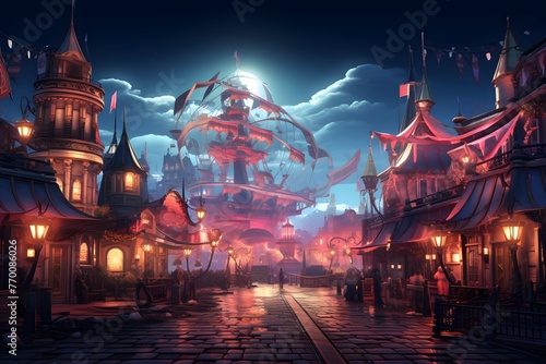 Fantasy night scene with old town and ancient buildings. 3d rendering