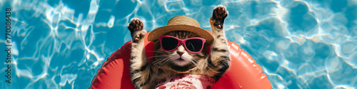 Purr-fect Poolside Vibes: Cat Relaxing in Summer Gear on Inflatable Ring © Ricardo