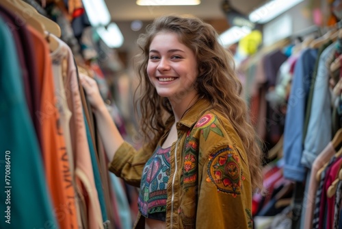 Gen Z young girl looking for clothes, unique and vintage finds in second hand clothing shop, charity shop, thrift store. Sustainable fashion, circular market, zero waste lifestyle