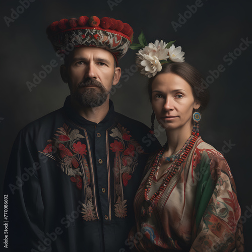 portrait of stereotype traditional style dressed slavic couple, generative ai