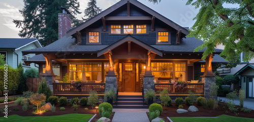 Evening angle of a Craftsman house with warm porch lights and a calm neighborhood setting