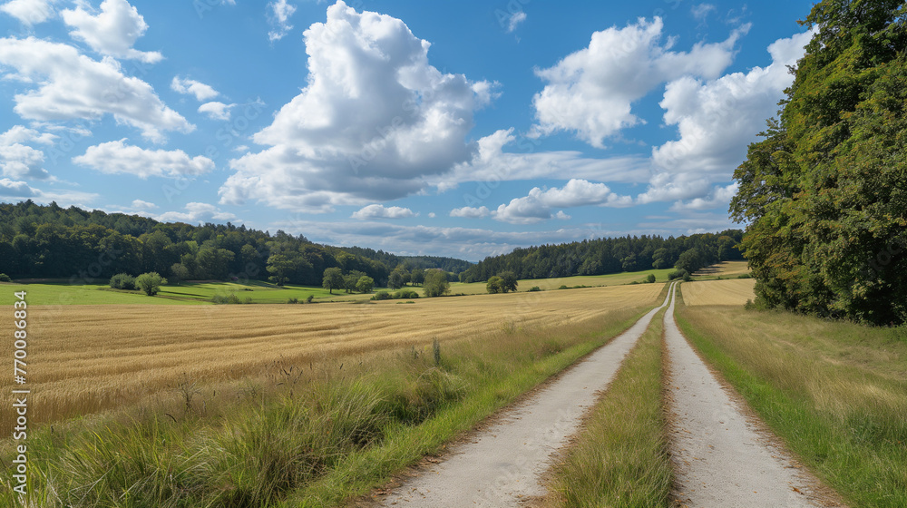 Wide angle long road, wide sky and grassland. Landspcaes photography