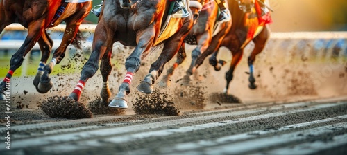 Exciting horse racing bet action, view from below on competitive hoofed legs in motion