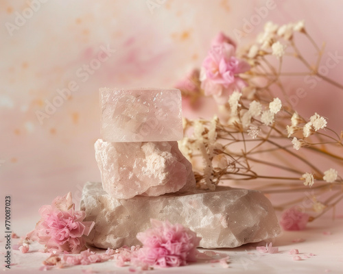 White broken crystals and flowers arranged on a pastel pink background