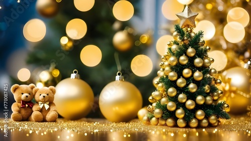 Golden Balls and Toy Bears Adorn Festive Christmas Tree - Holiday Celebration, Retail, Home Decor, Stationery