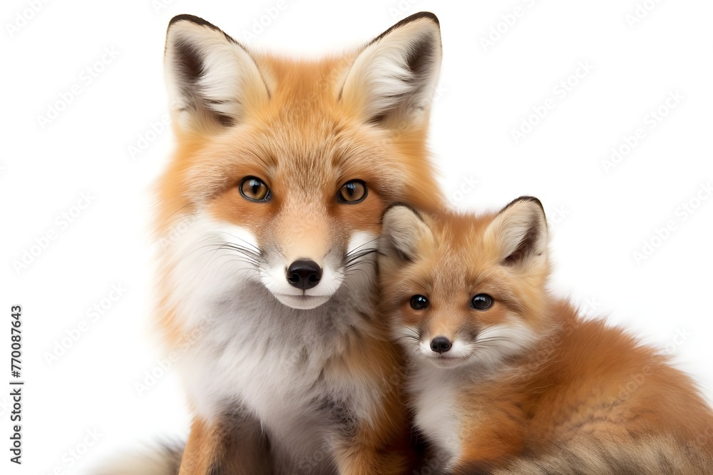 Fototapeta premium Fox Mother and Kit Close-up with White Background
